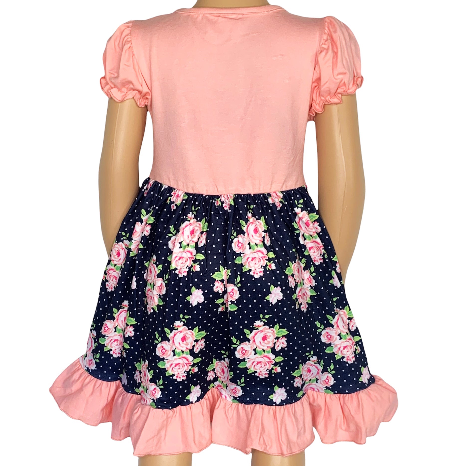 Girls Pink & Blue Floral Bouquet Short Sleeve ruffle Party Dress - Horizon Bliss