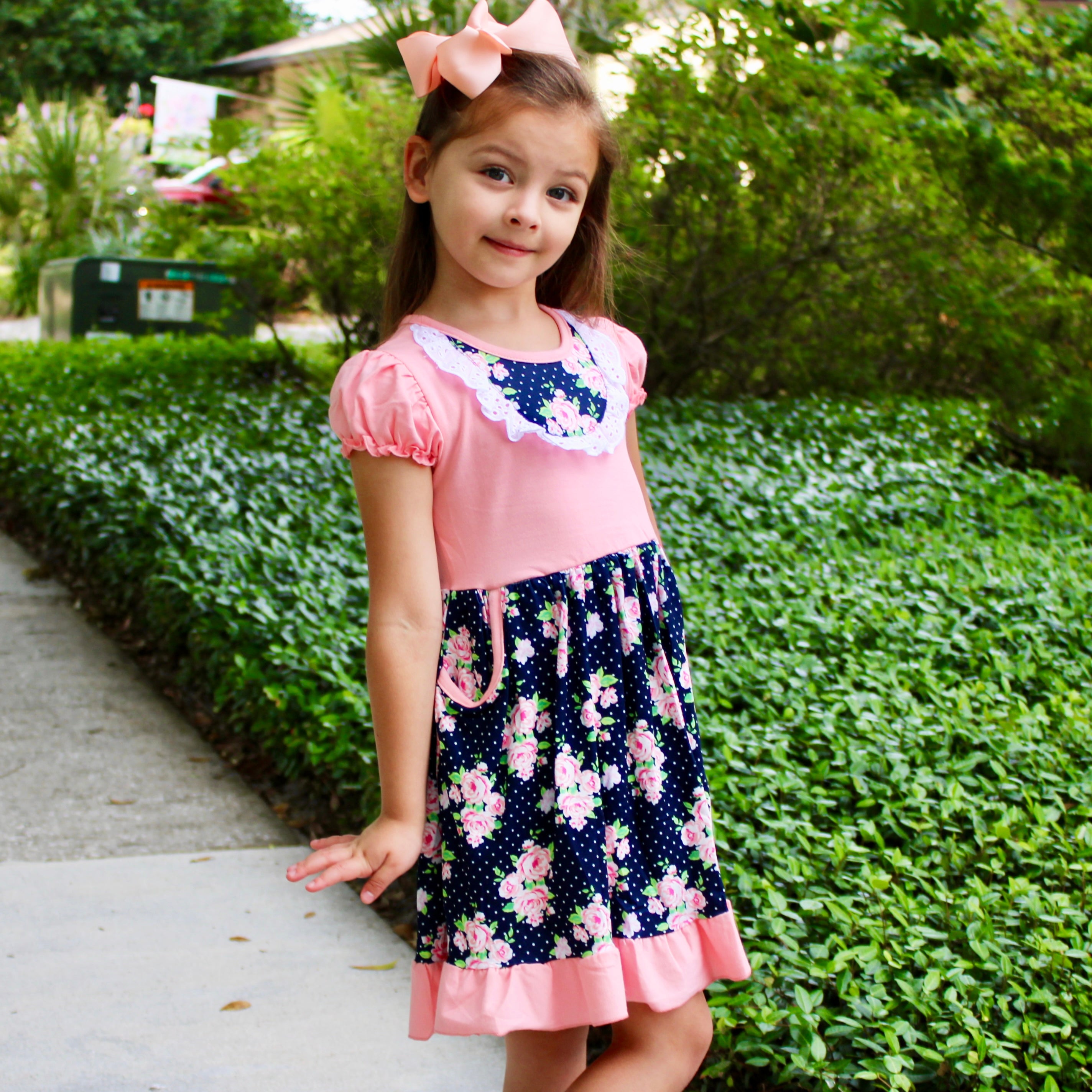 Girls Pink & Blue Floral Bouquet Short Sleeve ruffle Party Dress - Horizon Bliss