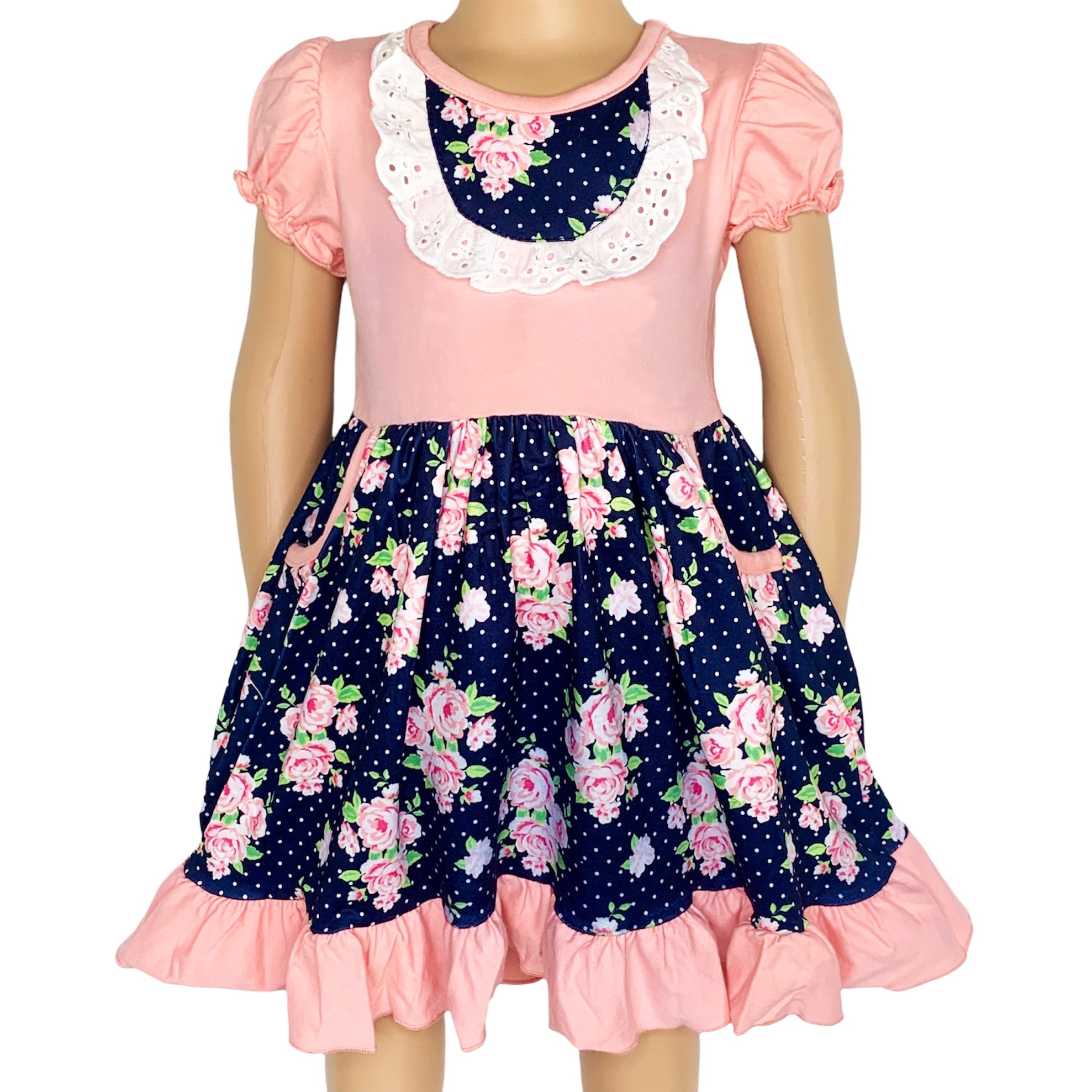 Girls Pink & Blue Floral Bouquet Short Sleeve ruffle Party Dress - Horizon Bliss