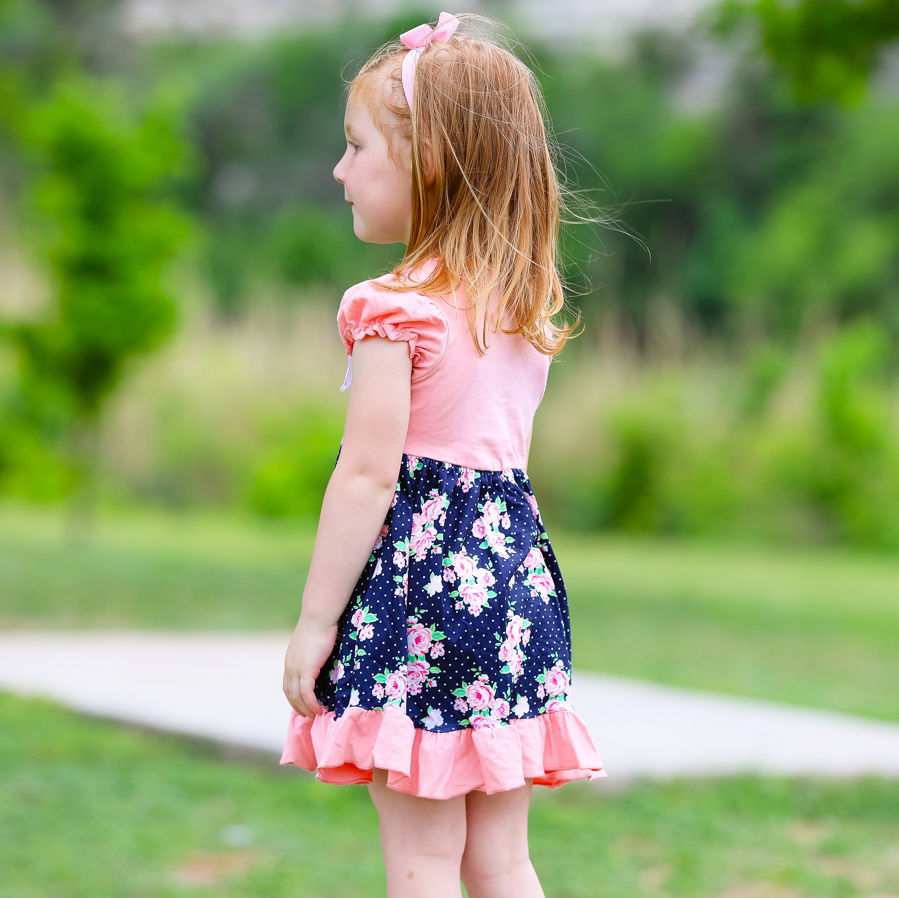 Girls Pink & Blue Floral Bouquet Short Sleeve ruffle Party Dress - Horizon Bliss