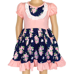 Girls Pink & Blue Floral Bouquet Short Sleeve ruffle Party Dress - Horizon Bliss