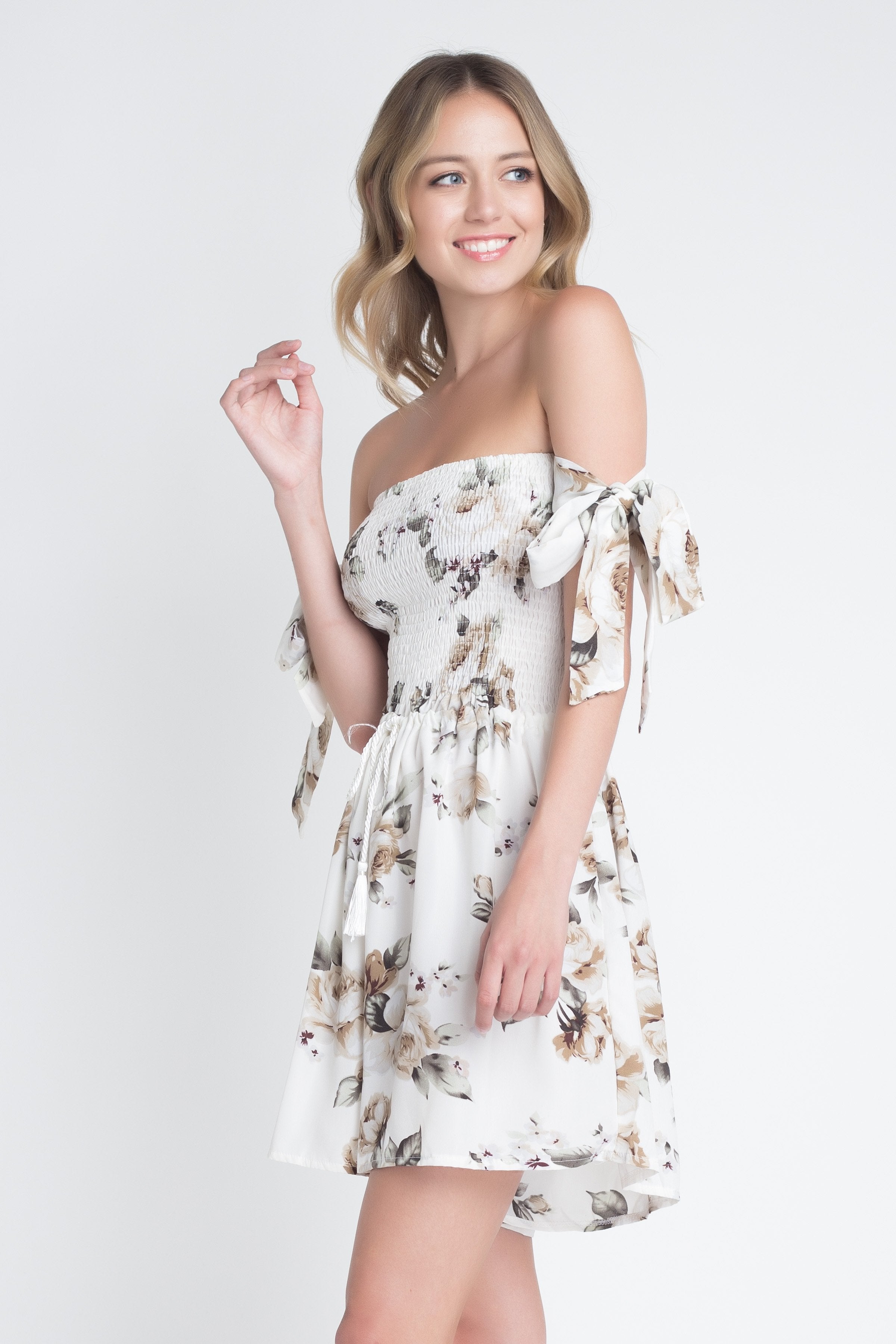 Women's Off Shoulder Smocked Floral Tie Romper - Horizon Bliss