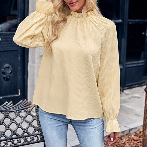 Elegant Casual Ruffle Collar Long Sleeve Blouse New Solid Color Simple - Horizon Bliss