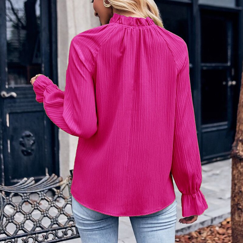 Elegant Casual Ruffle Collar Long Sleeve Blouse New Solid Color Simple - Horizon Bliss