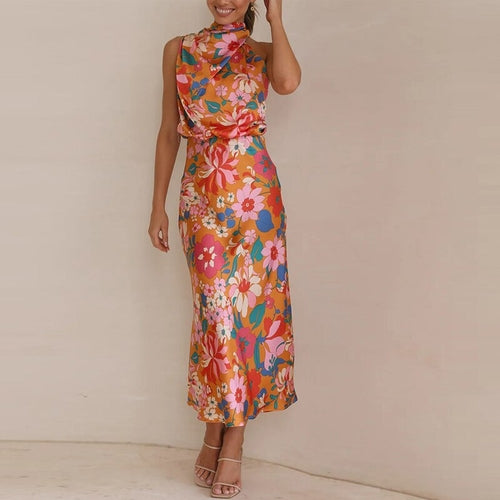 Floral Print High Neck Long Dress - Horizon Bliss