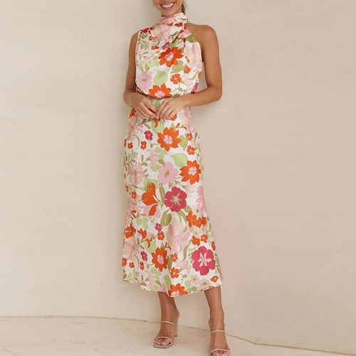 Floral Print High Neck Long Dress - Horizon Bliss