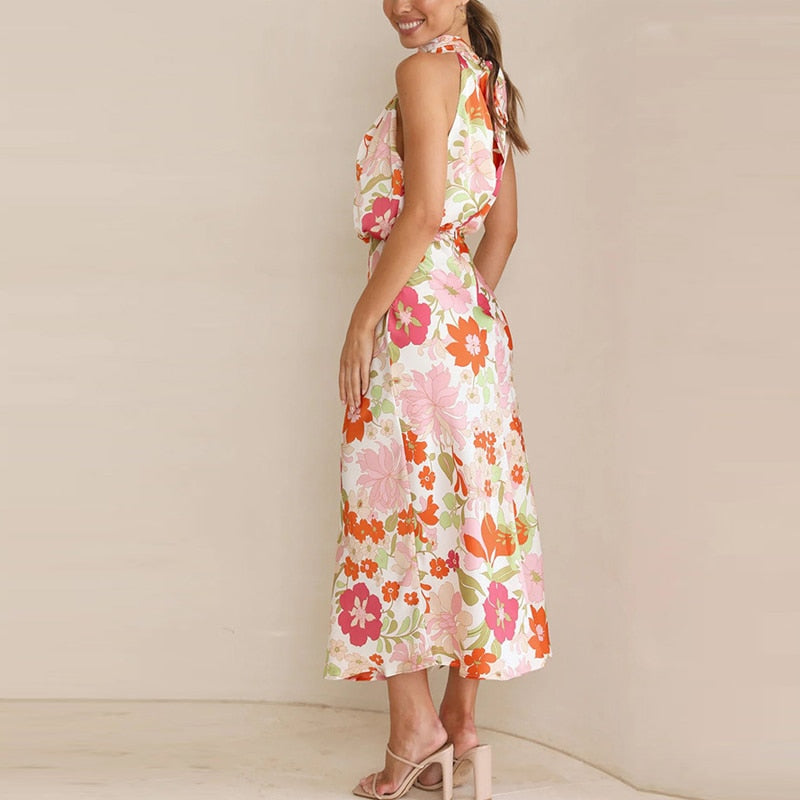 Floral Print High Neck Long Dress - Horizon Bliss