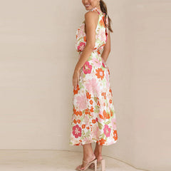 Floral Print High Neck Long Dress - Horizon Bliss