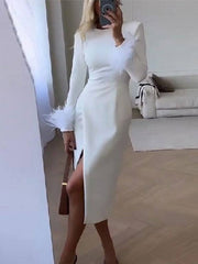 Elegant White Feather Long Sleeve Midi Dress - Horizon Bliss