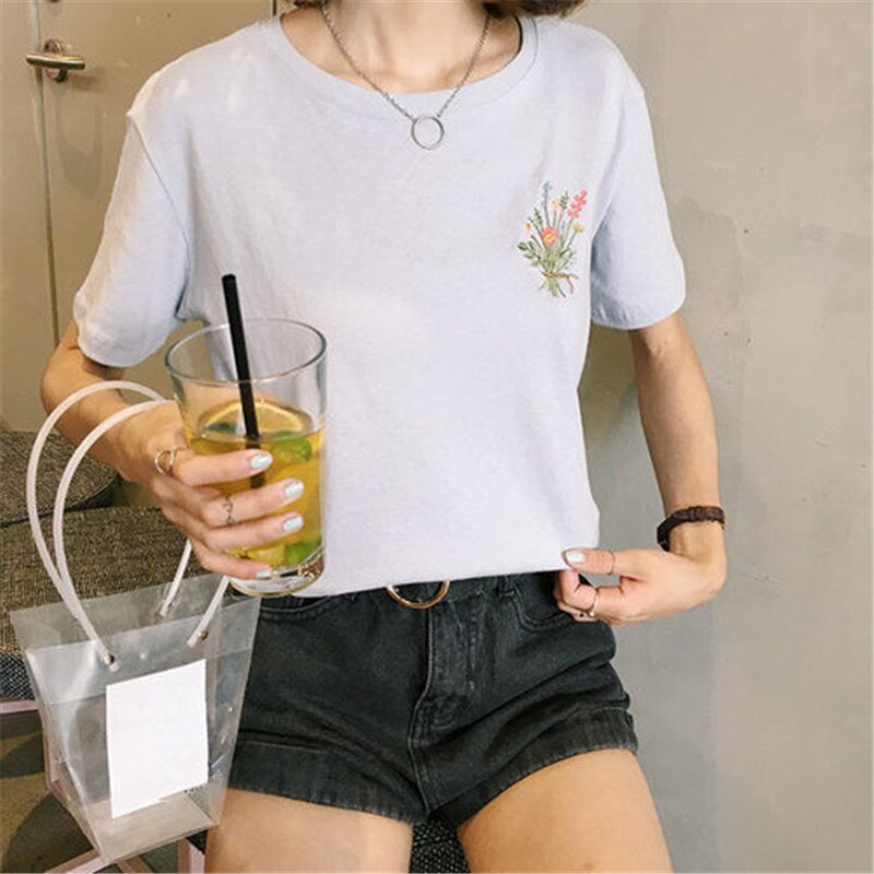 Embroidery Flower Short Sleeve T Shirt