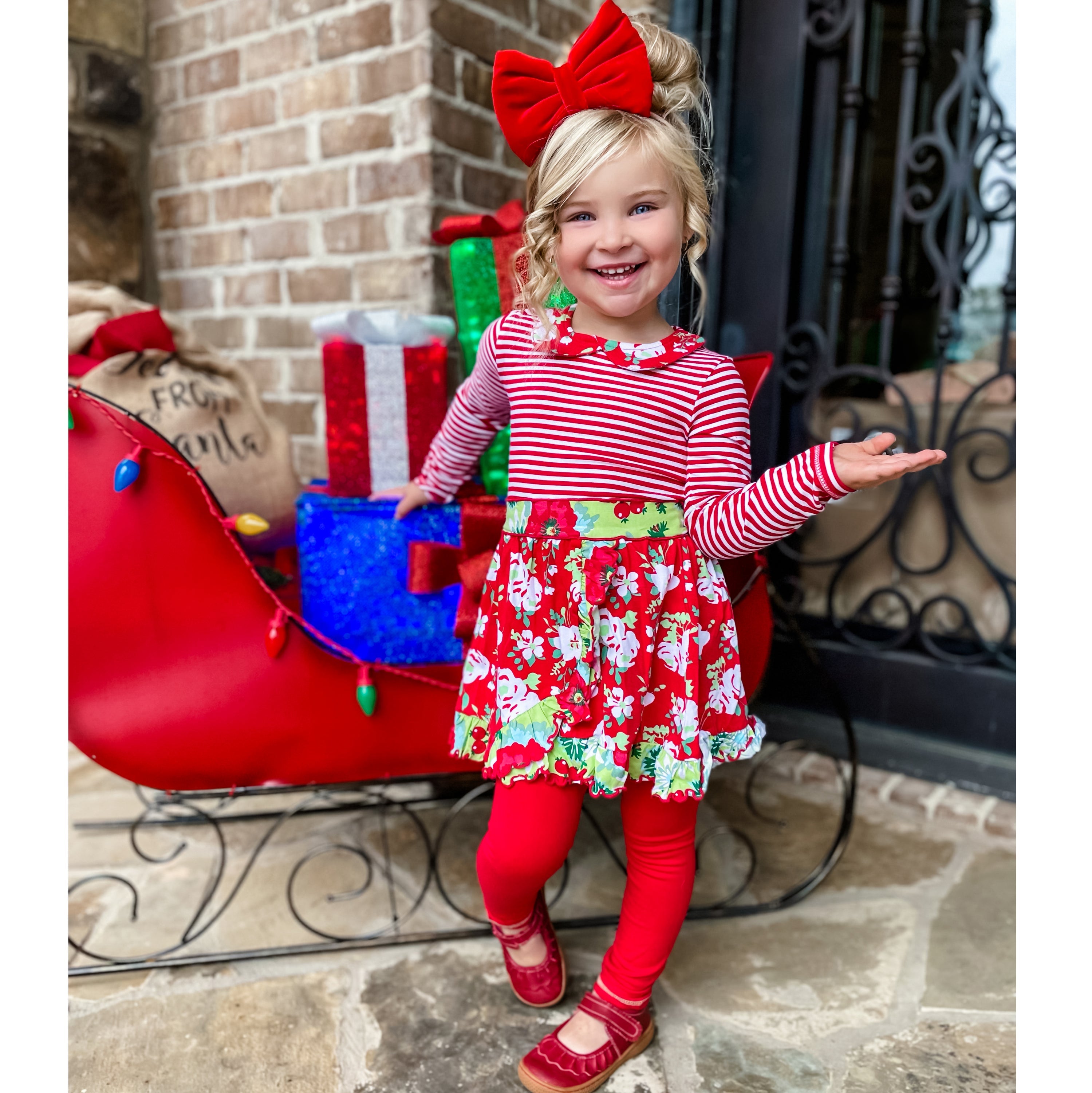 AnnLoren Little & Big Girls Boutique Red Christmas Floral Holiday - Horizon Bliss