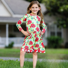 AnnLoren Girls Boutique Holiday Christmas Floral Cotton Winter Dress - Horizon Bliss