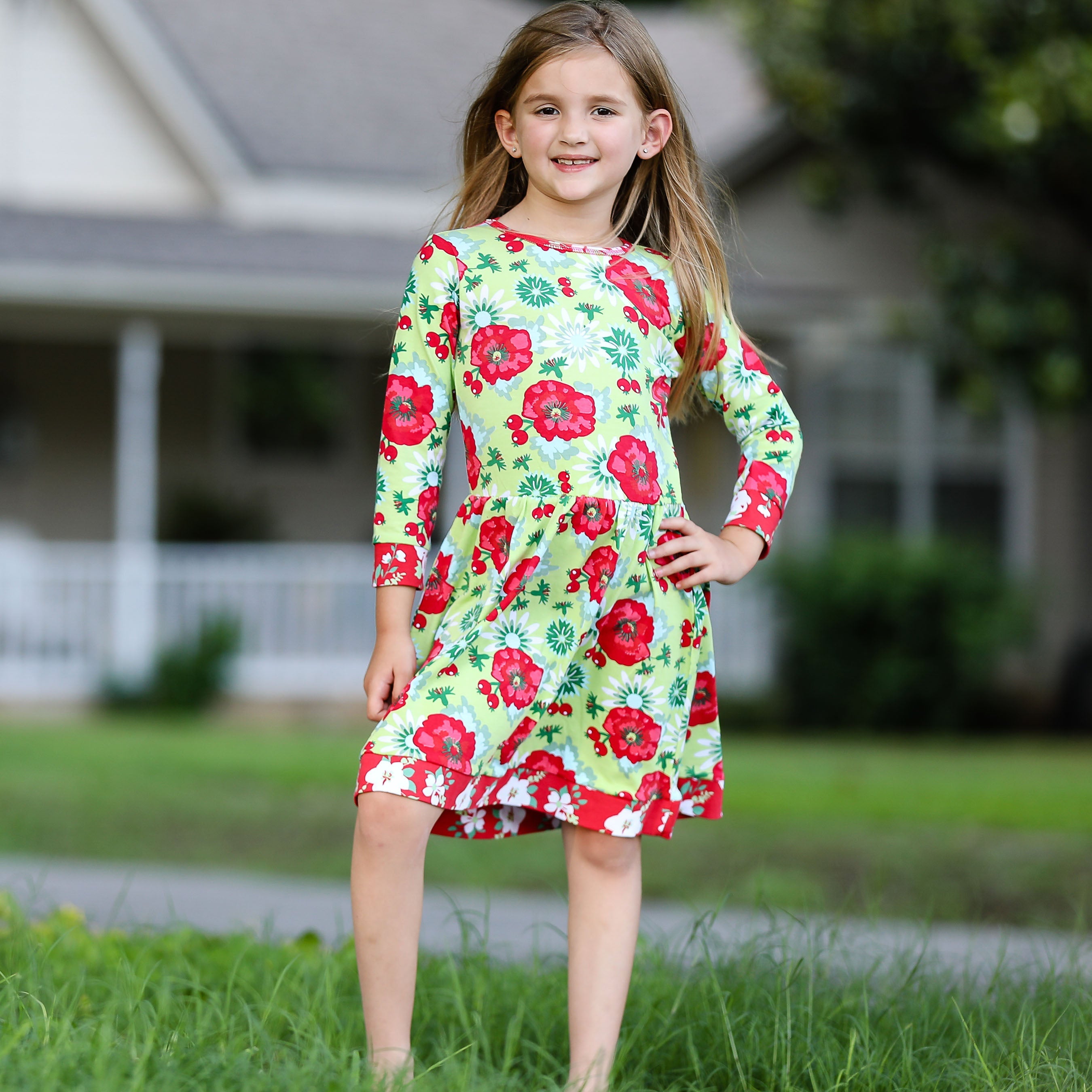 AnnLoren Girls Boutique Holiday Christmas Floral Cotton Winter Dress - Horizon Bliss