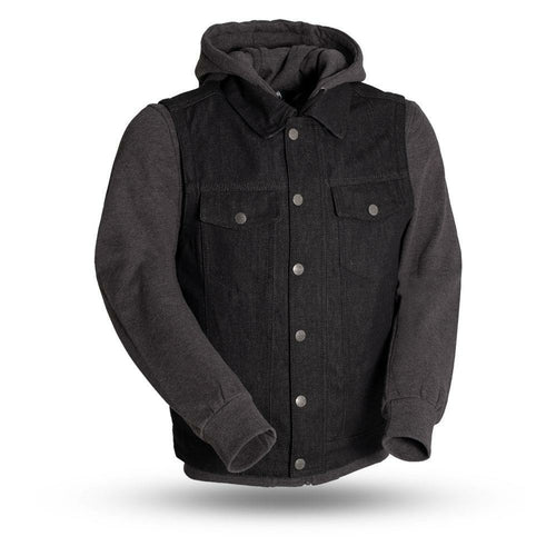 Rook - Men's Motorcycle Denim Vest with Gray/Black Base Hoodie - Horizon Bliss