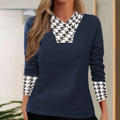 Fashion Patchwork Houndstooth Print Women's Tee Sweatshirt Autumn - Horizon Bliss