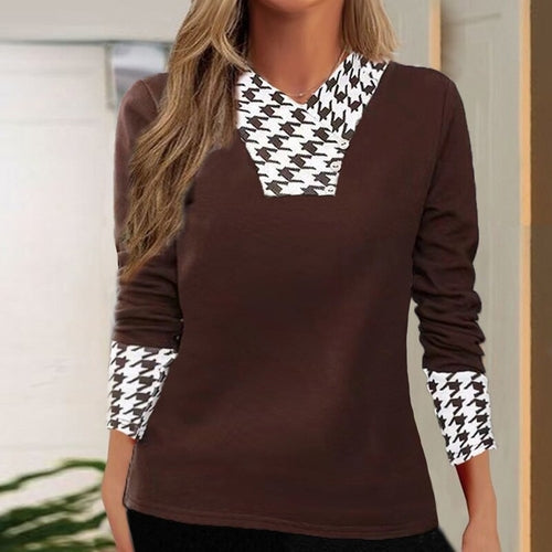 Fashion Patchwork Houndstooth Print Women's Tee Sweatshirt Autumn - Horizon Bliss