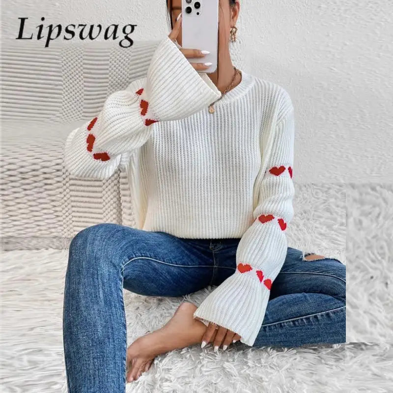 Flare Long Sleeve Sweater Knit Heart Loose Tops Pullover - Horizon Bliss