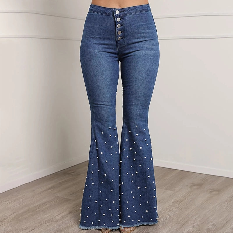 Solid Beading Flared Jeans High Waist Single-breasted Casual Denim - Horizon Bliss