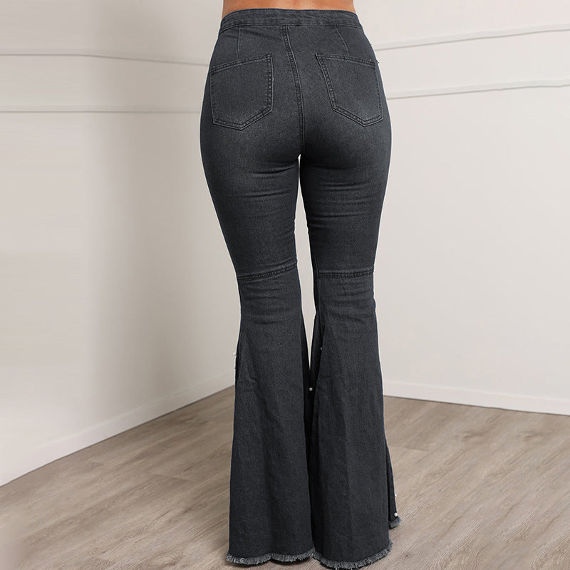 Solid Beading Flared Jeans High Waist Single-breasted Casual Denim - Horizon Bliss