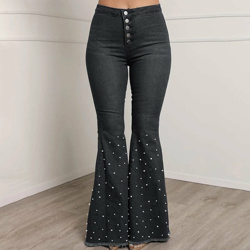 Solid Beading Flared Jeans High Waist Single-breasted Casual Denim - Horizon Bliss