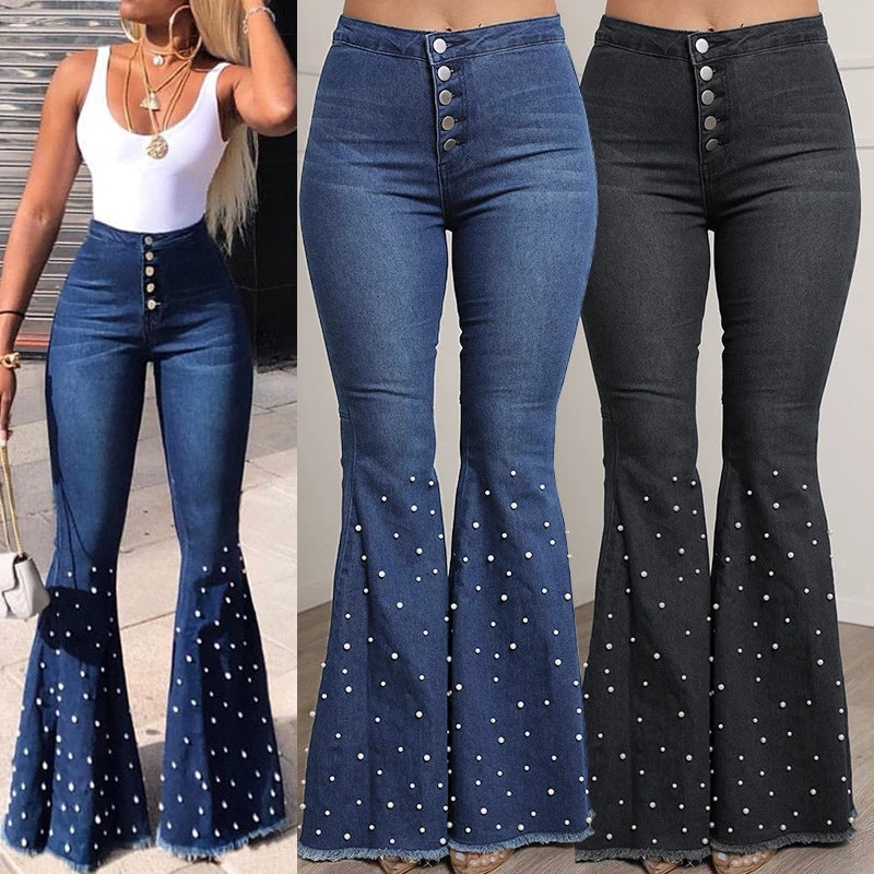 Solid Beading Flared Jeans High Waist Single-breasted Casual Denim - Horizon Bliss