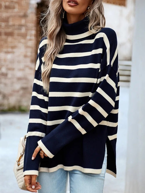 Knitted Pullover Winter KnitwearsTurtleneck Spliced Stripe Long Sleeve - Horizon Bliss