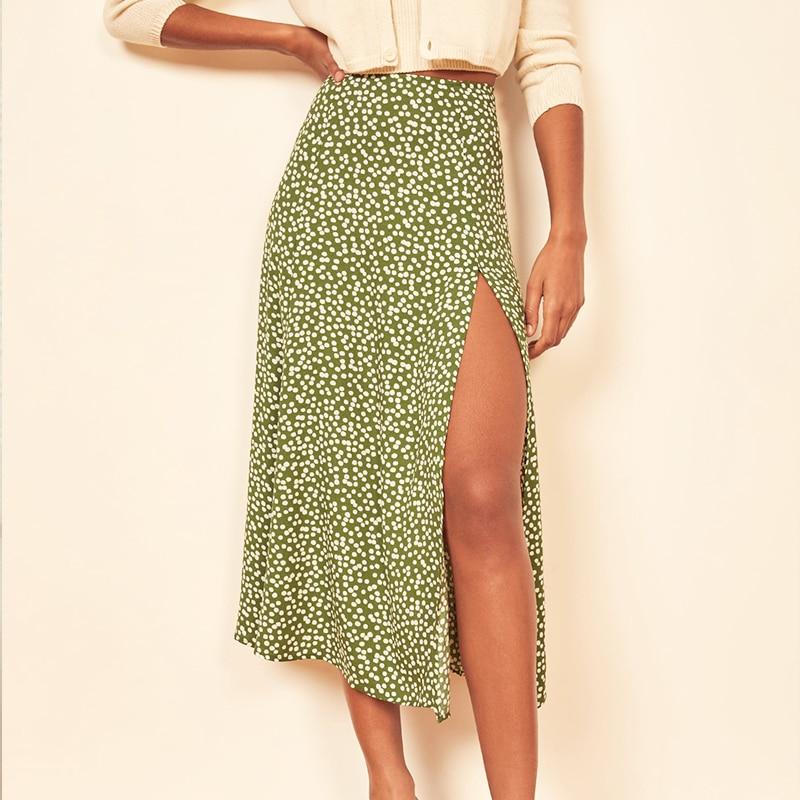 Fashion Vintage Skirt Flower Polka Dot Print High Waist Stretch Split - Horizon Bliss