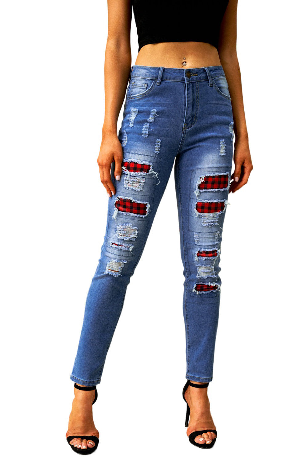 Fashion Blue Ripped Plaid Straight Legs Boyfriend Jeans - Horizon Bliss