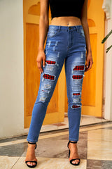 Fashion Blue Ripped Plaid Straight Legs Boyfriend Jeans - Horizon Bliss