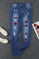 Fashion Blue Ripped Plaid Straight Legs Boyfriend Jeans - Horizon Bliss