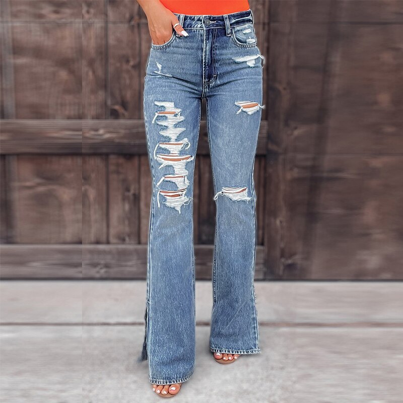 Casual Midi Waist Pocket Slim Jeans Vintage Ripped Hole Tassel Denim - Horizon Bliss