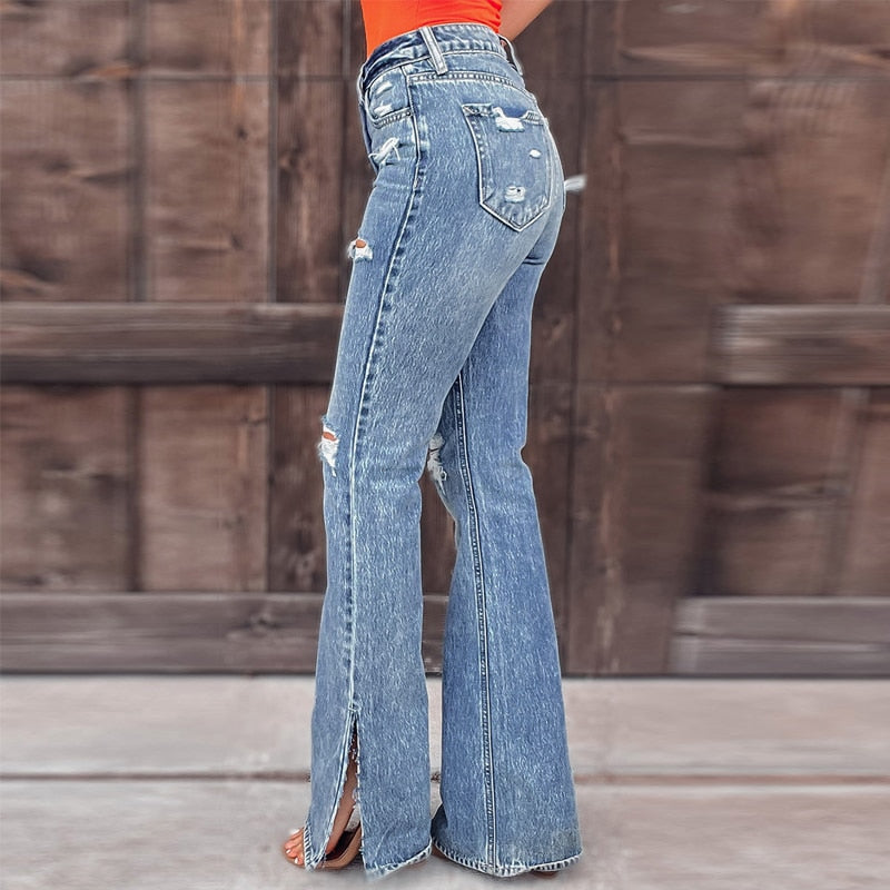 Casual Midi Waist Pocket Slim Jeans Vintage Ripped Hole Tassel Denim - Horizon Bliss