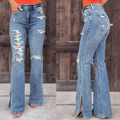 Casual Midi Waist Pocket Slim Jeans Vintage Ripped Hole Tassel Denim - Horizon Bliss