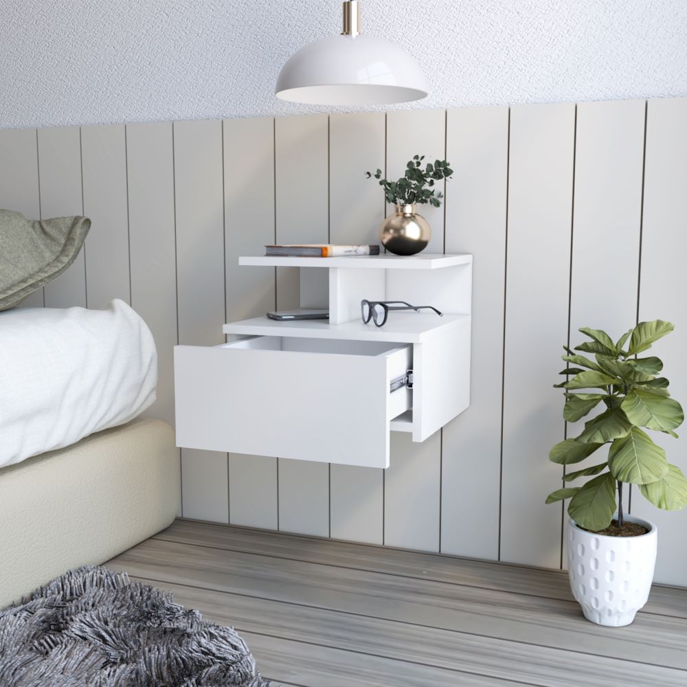 Floating Nightstand Flopini, One Drawer, White Finish - Horizon Bliss