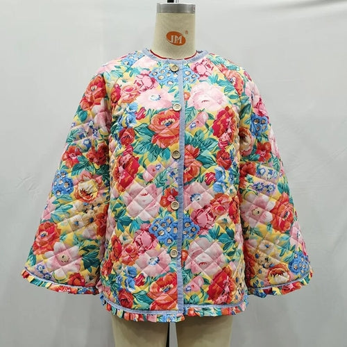 Flower Printed Quilted Parka Women Thick Warm Coat Spliced Flare Long - Horizon Bliss