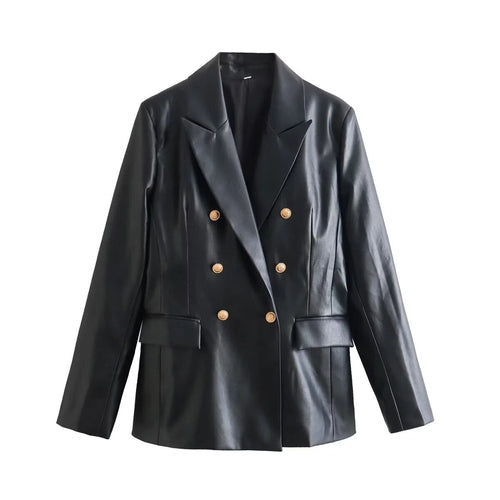 Faux Leather Blazer Jacket Women Vintage Black Long PU Jacket Coat - Horizon Bliss