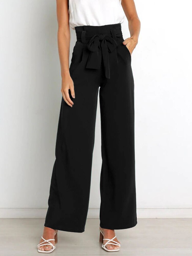 Belt Waist Elastic Wide Leg Black Long Pants - Horizon Bliss