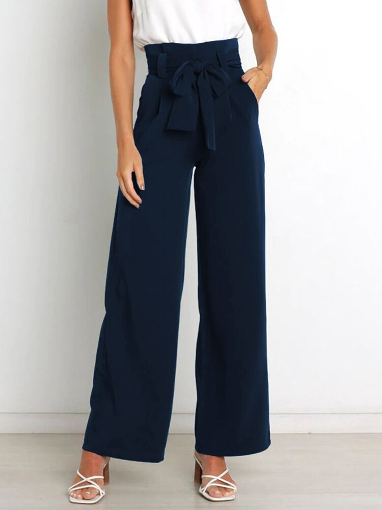 Belt Waist Elastic Wide Leg Black Long Pants - Horizon Bliss