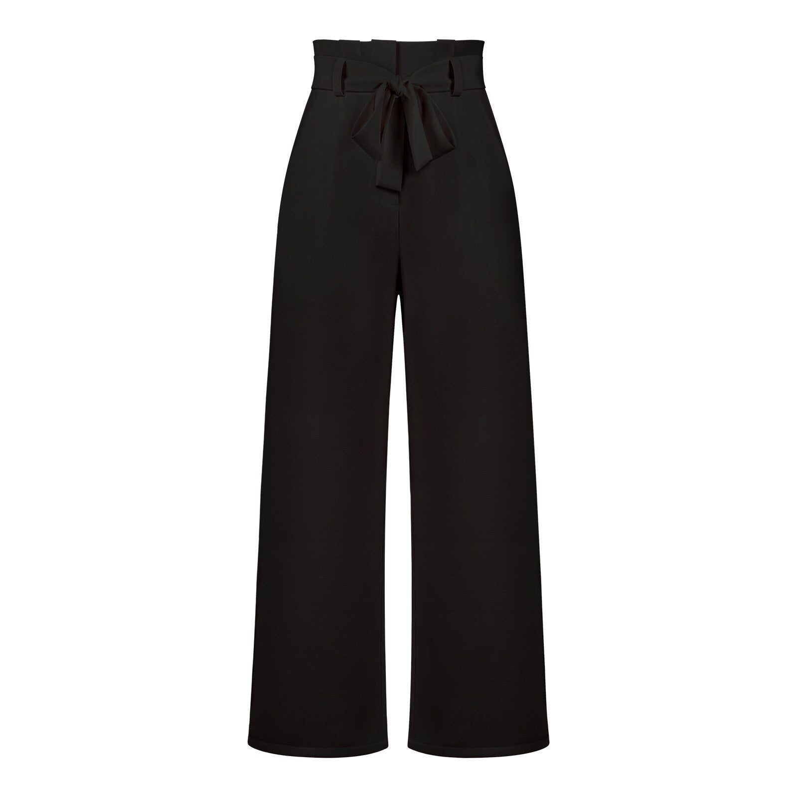 Belt Waist Elastic Wide Leg Black Long Pants - Horizon Bliss