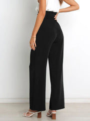 Belt Waist Elastic Wide Leg Black Long Pants - Horizon Bliss