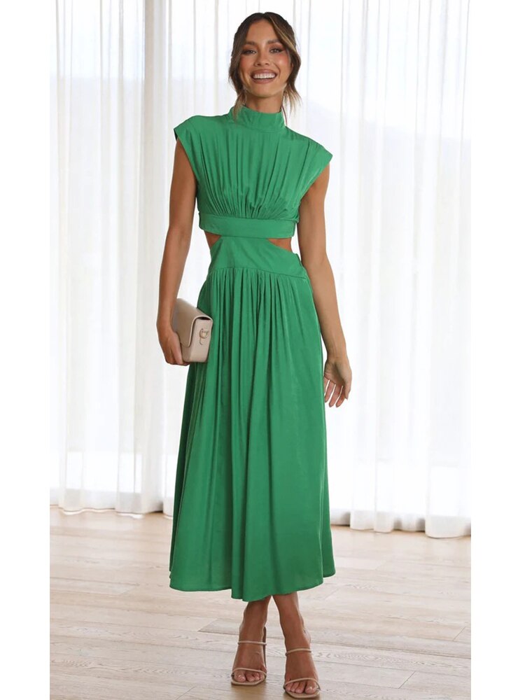 Stand Collar Waist Cut Out Midi Dress - Horizon Bliss