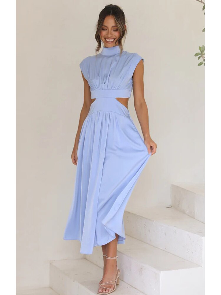 Stand Collar Waist Cut Out Midi Dress - Horizon Bliss