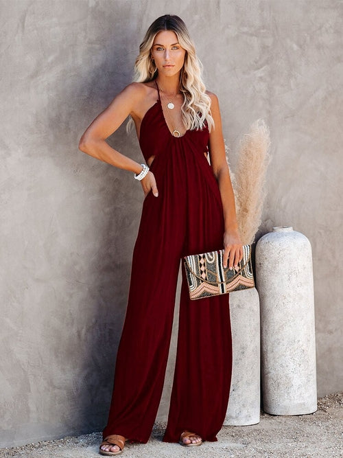 Wide Leg Black Summer Autumn Casual Jumpsuit  Backless Tie Up Halter - Horizon Bliss