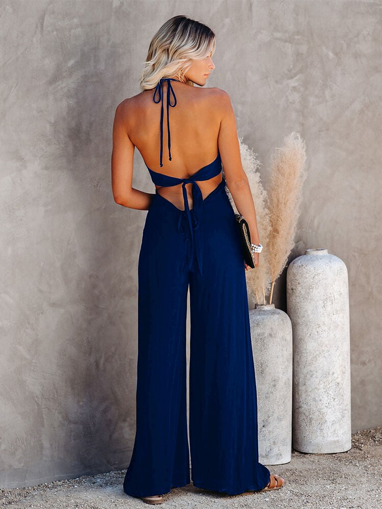 Wide Leg Black Summer Autumn Casual Jumpsuit  Backless Tie Up Halter - Horizon Bliss