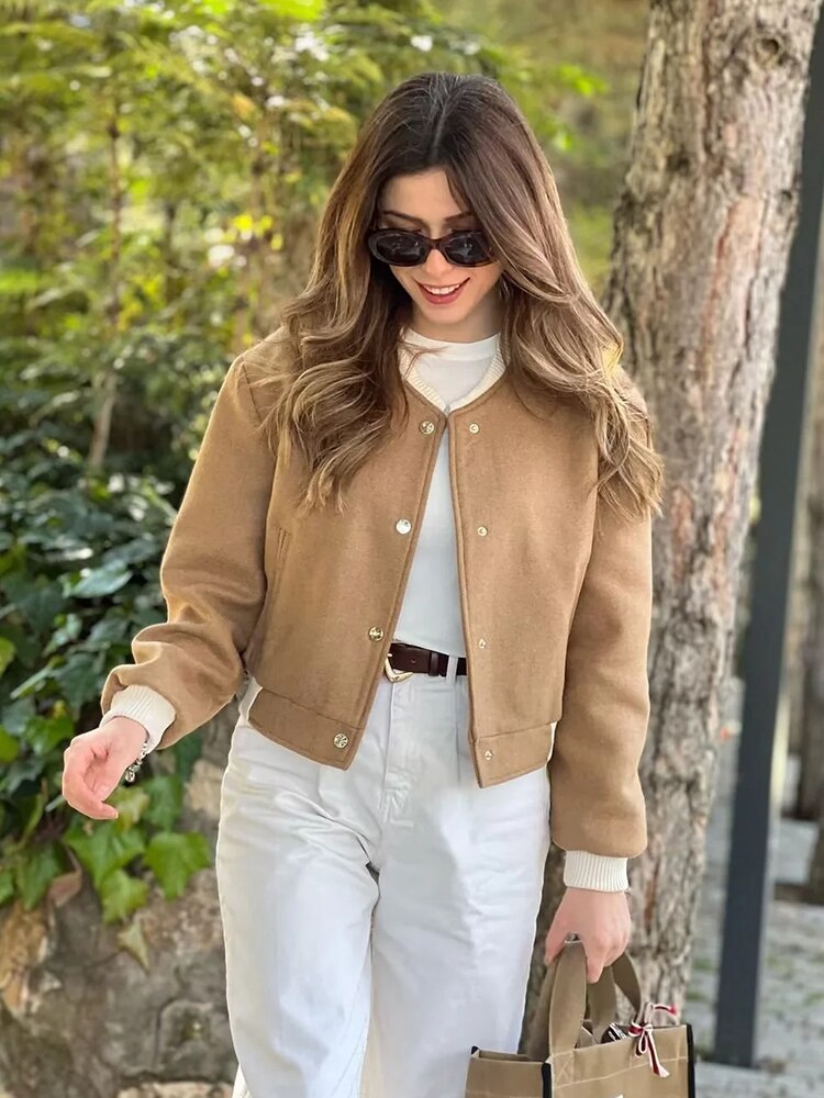 Women Bomber Jackets Coat Autumn Winter Single Breasted Camel Short - Horizon Bliss