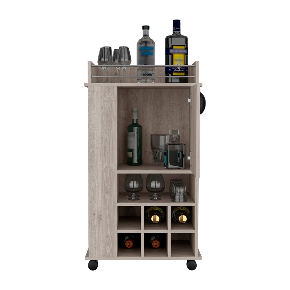 Bar Cart with Casters Reese, Six Wine Cubbies and Single Door, Light - Horizon Bliss