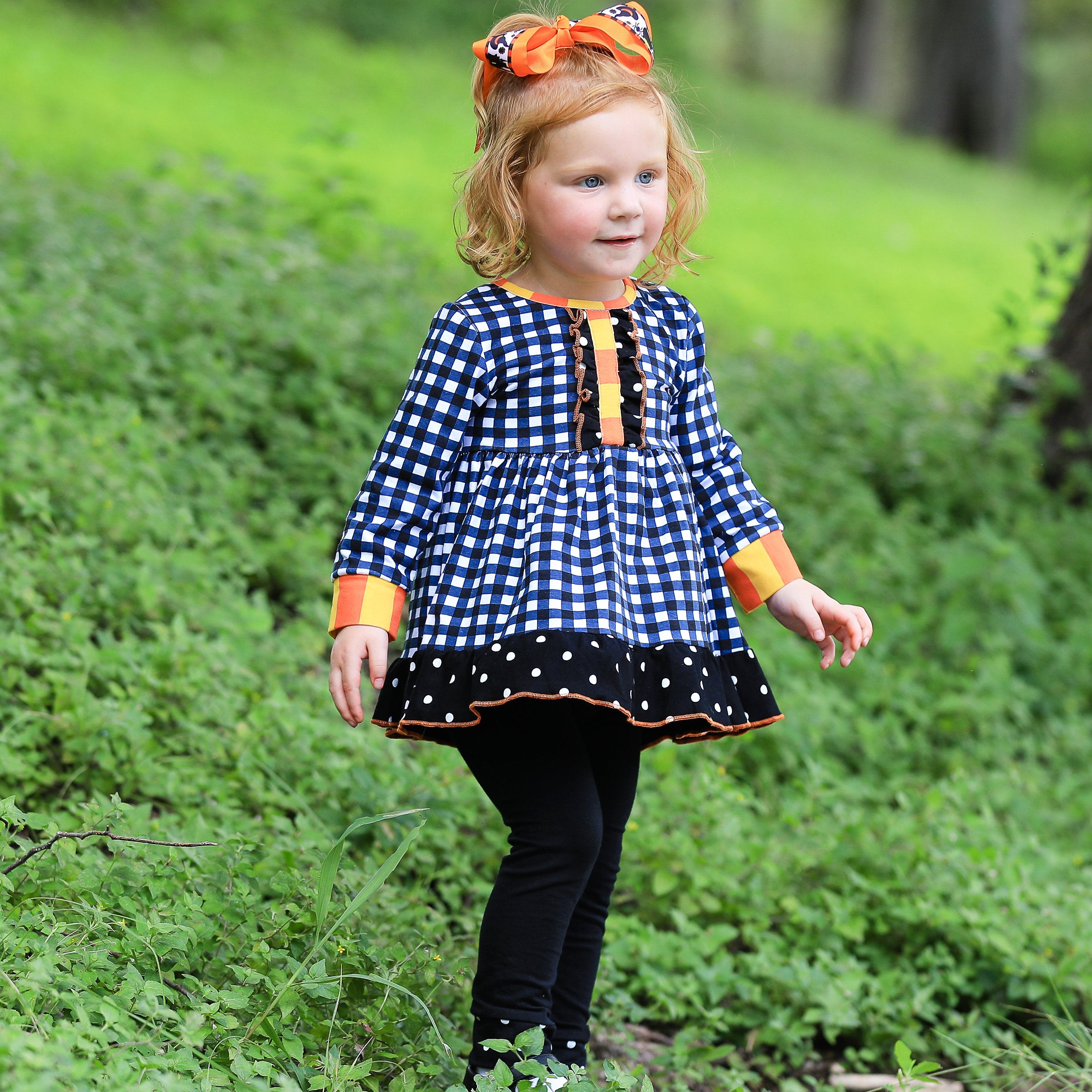 AnnLoren Girls Autumn Black and White Gingham Dress & Leggings Outfit - Horizon Bliss