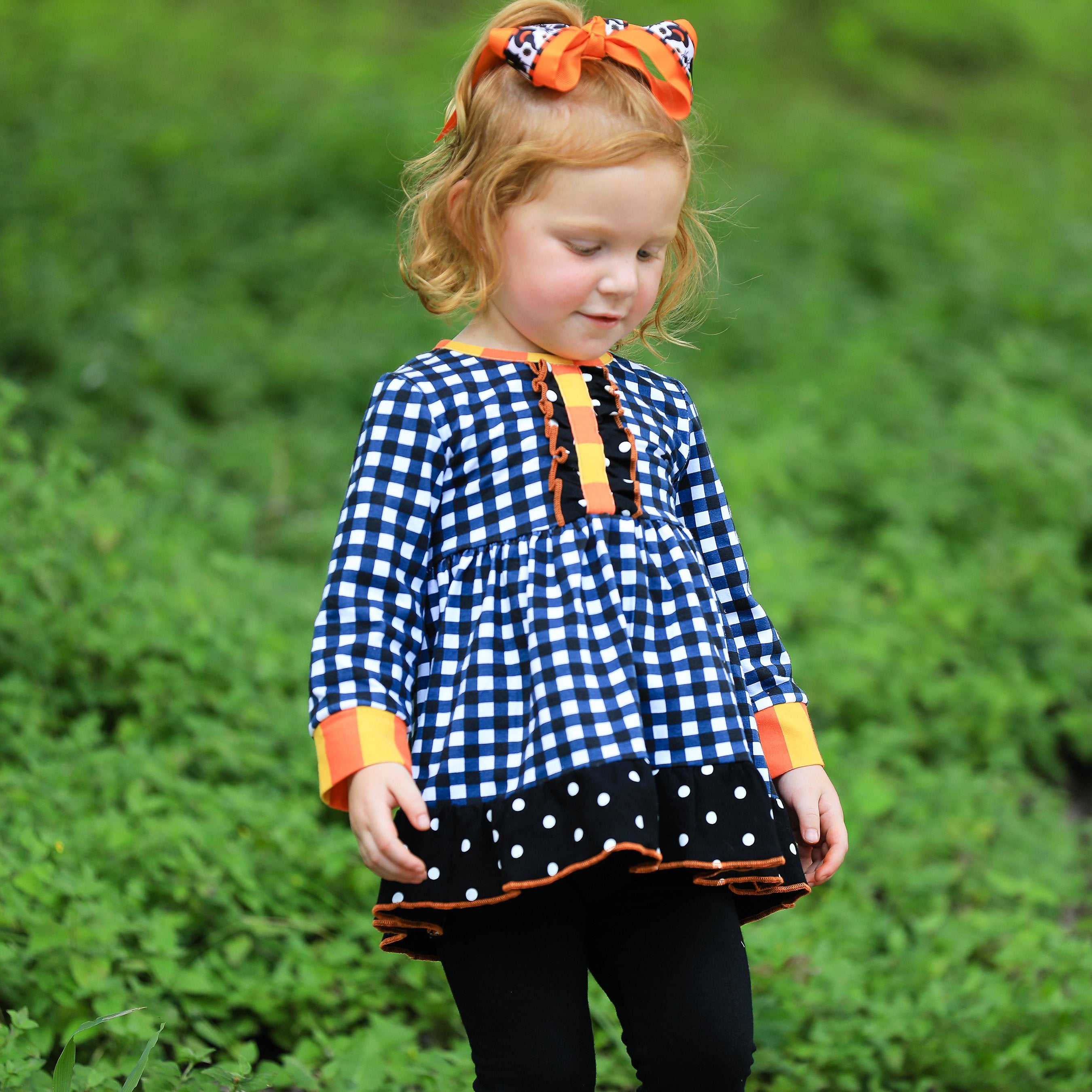 AnnLoren Girls Autumn Black and White Gingham Dress & Leggings Outfit - Horizon Bliss