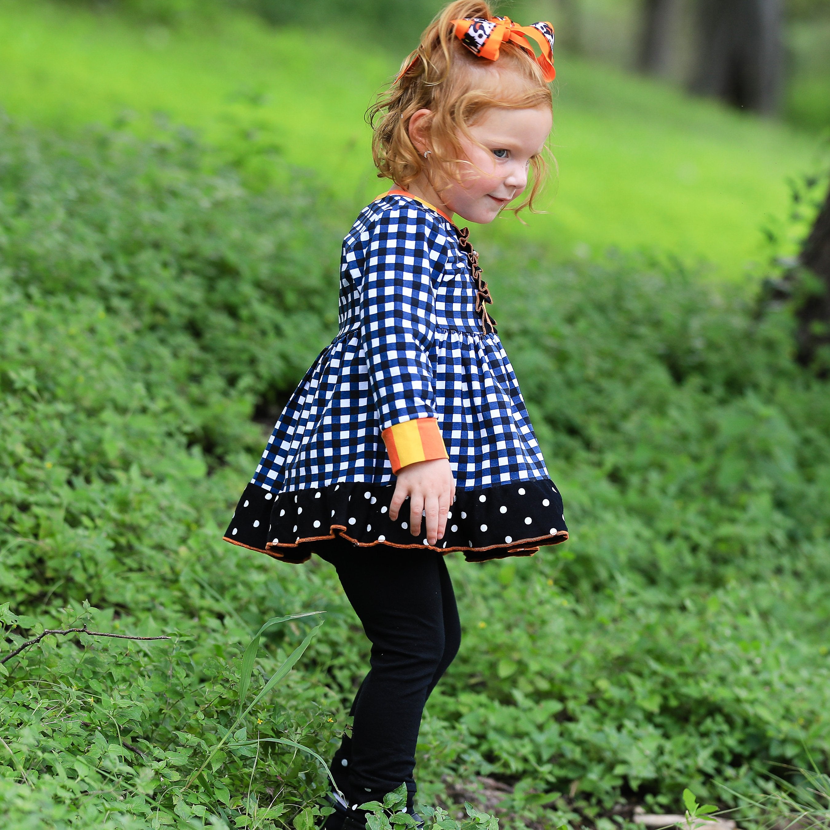 AnnLoren Girls Autumn Black and White Gingham Dress & Leggings Outfit - Horizon Bliss