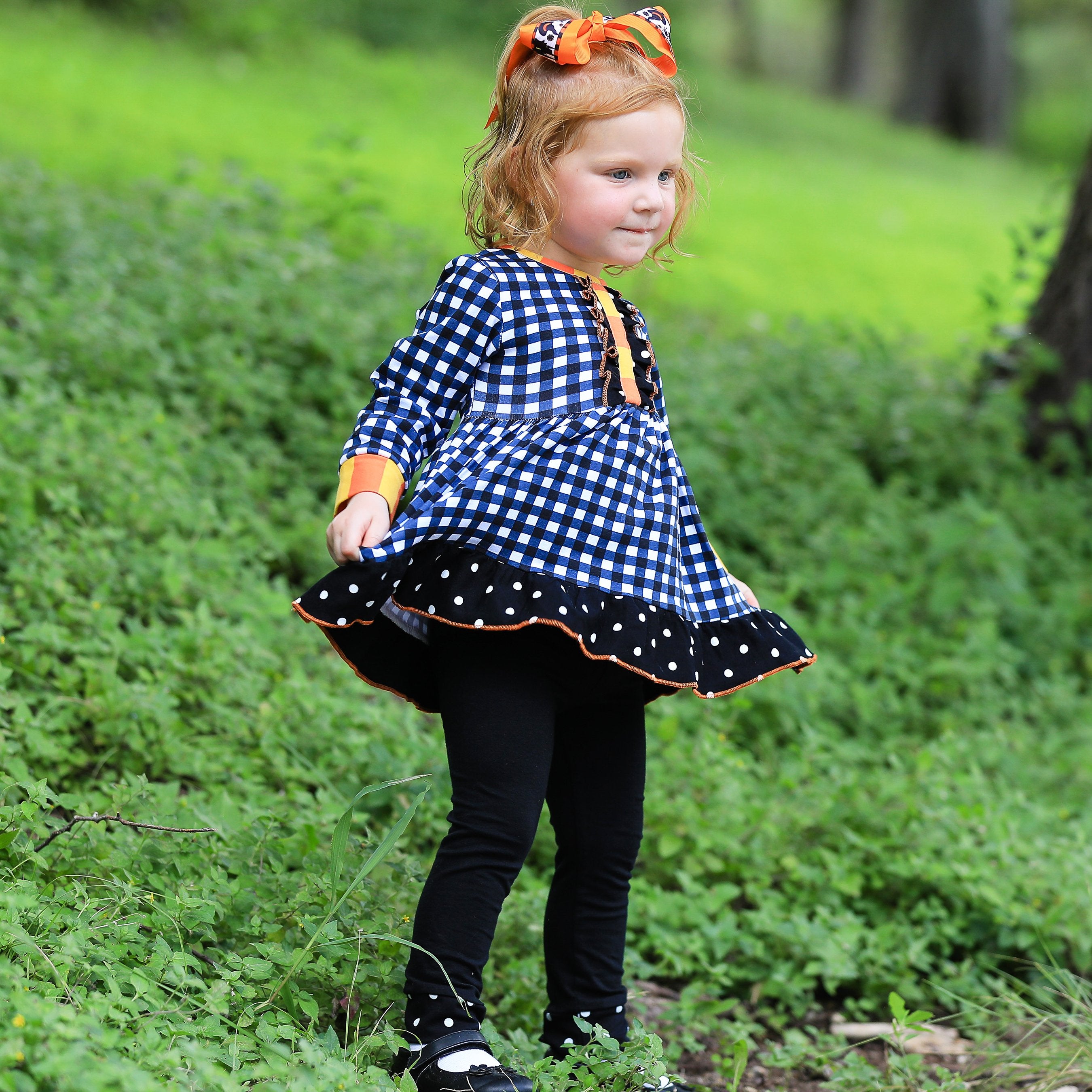 AnnLoren Girls Autumn Black and White Gingham Dress & Leggings Outfit - Horizon Bliss